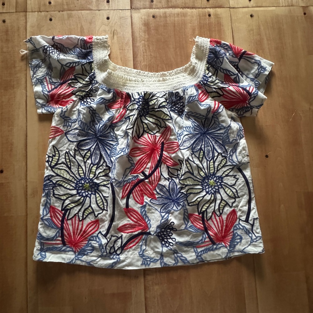 Skies Are Blue Womens Large Floral Embroidered Smocked Neck Rayon Boho Top White